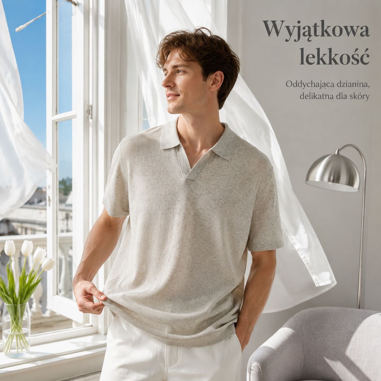 Męski luźny sweter z krótkim rękawem i kołnierzem mewim, styl amerykański, na lato