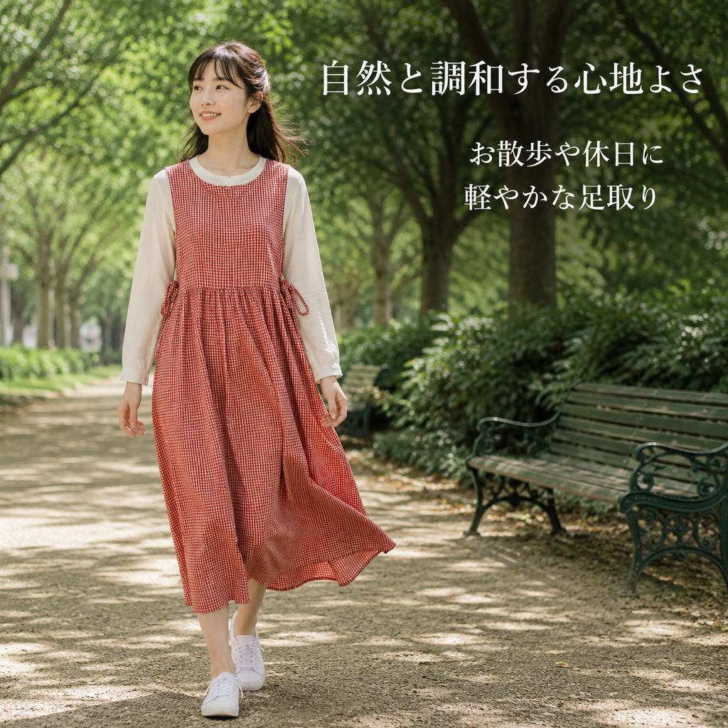 文芸風綿麻チェックワンピース