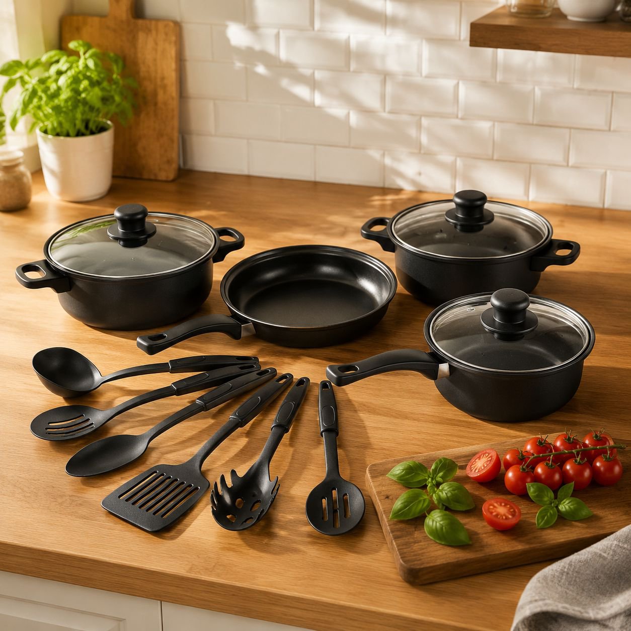 Hot selling 12-piece cookware set with spatula, non-stick soup pot, milk pot, frying pan, Maifan sto