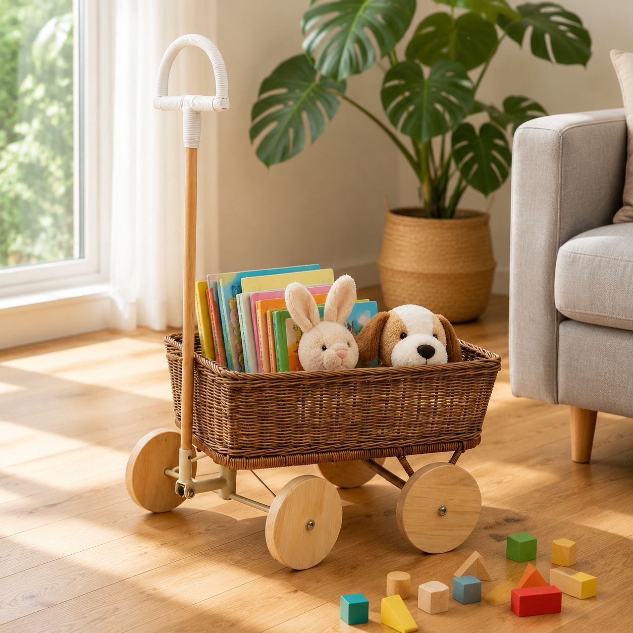 Outdoor Rattan Toy Storage Trolley Basket