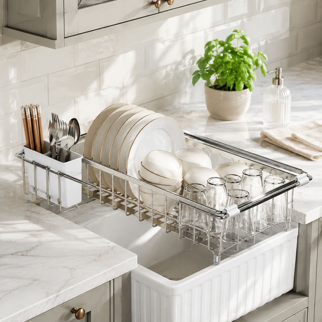 Kitchen Sink Dish Storage Rack Stainless Steel Drain Basket Retractable