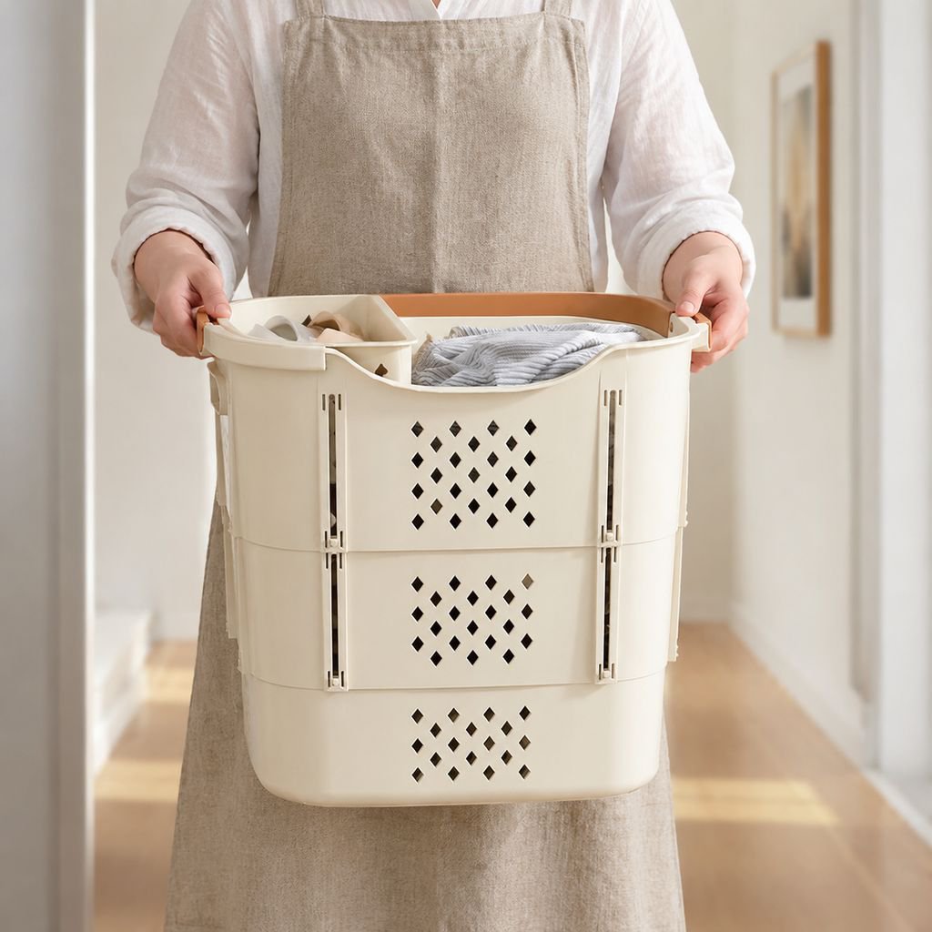 Easy-to-access clothes storage baskets on shelves