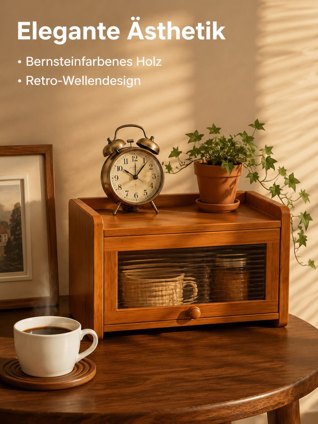 Tischbecherhalter mit Ablagefach auf einem Schreibtisch