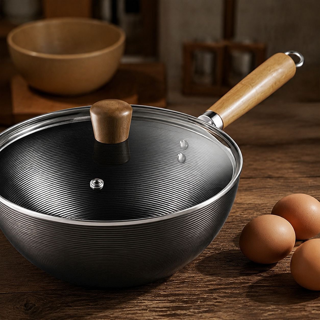 Ergonomic handle on one-person nonstick pan