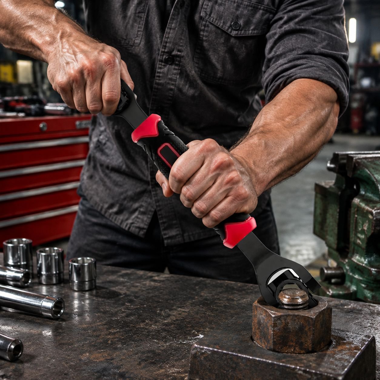 Close-up of steel key wrench head