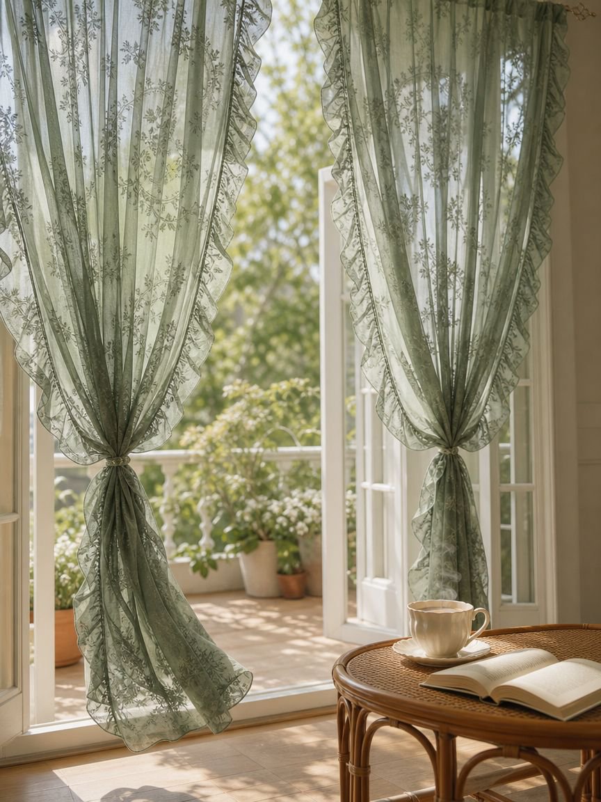 Romantische Spitzen-Gardine mit Rüschen am Wohnzimmerfenster