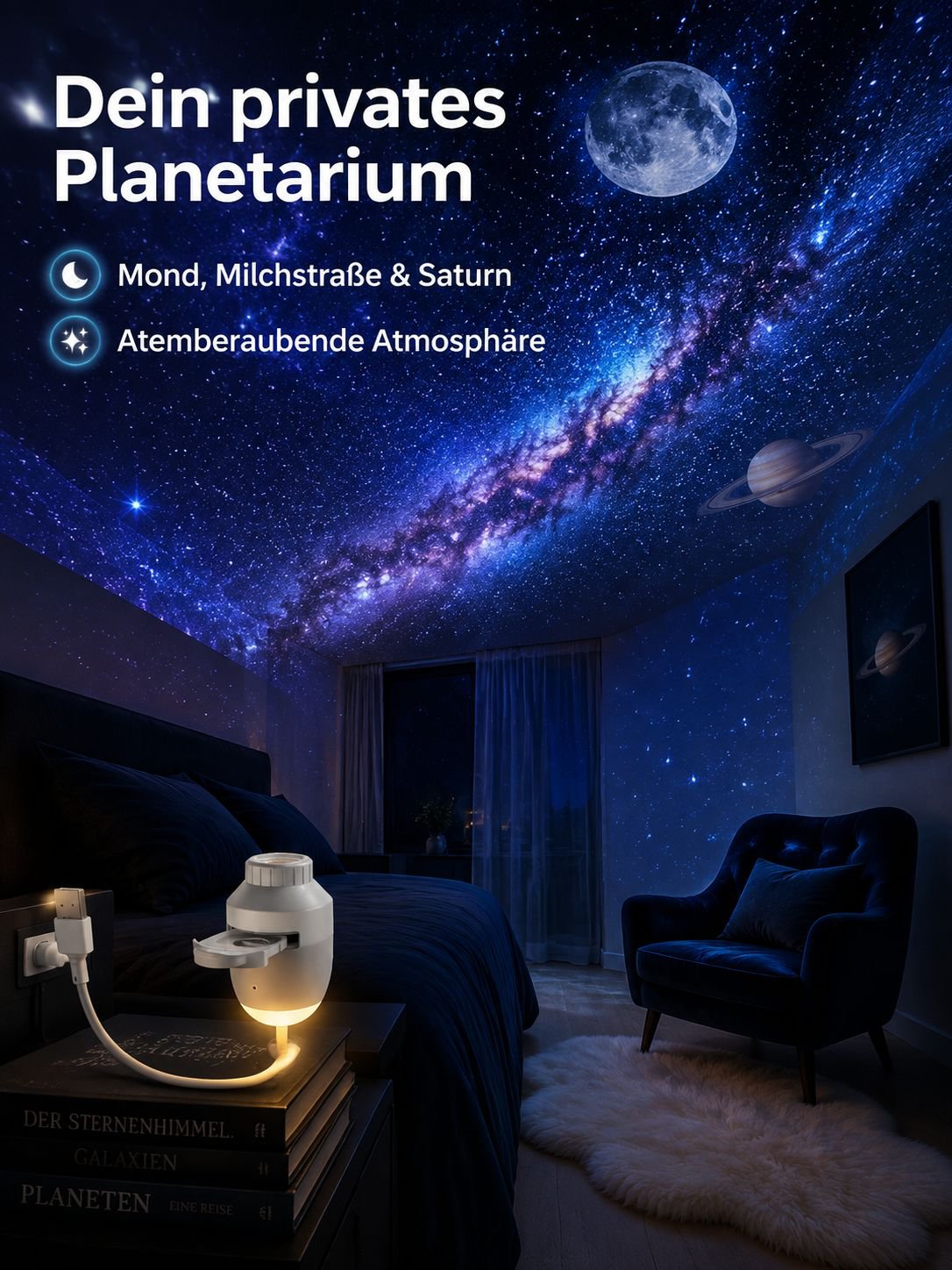 Sternenhimmel-Projektorleuchte in Betrieb mit leuchtenden Sternen