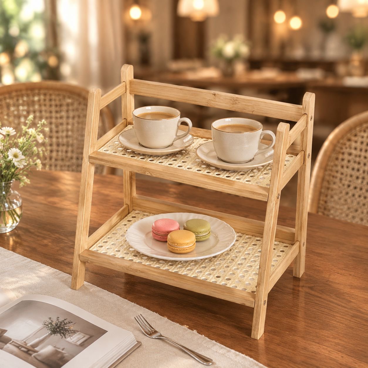 Rattan-Tassenhalter für den Tisch, zweistöckiges Küchenregal