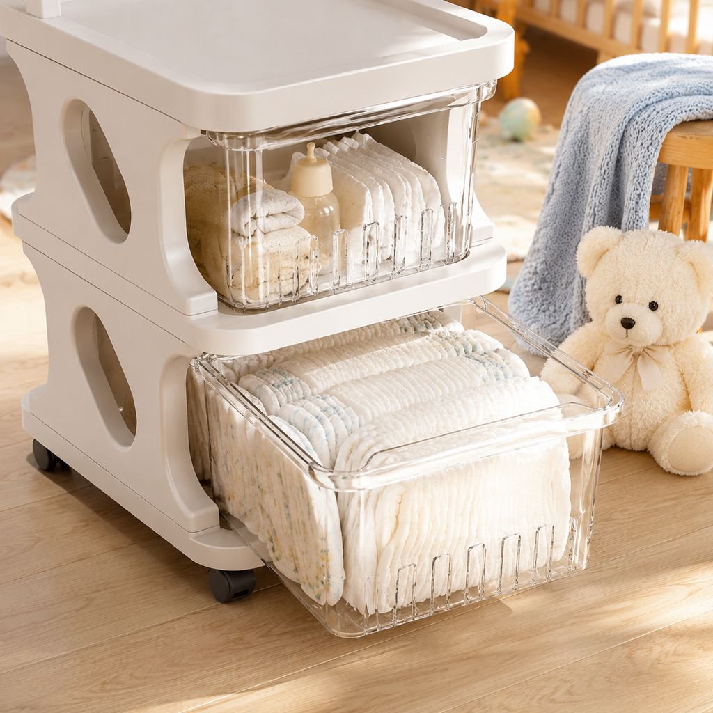 Mobile baby storage rack with wheels for easy movement
