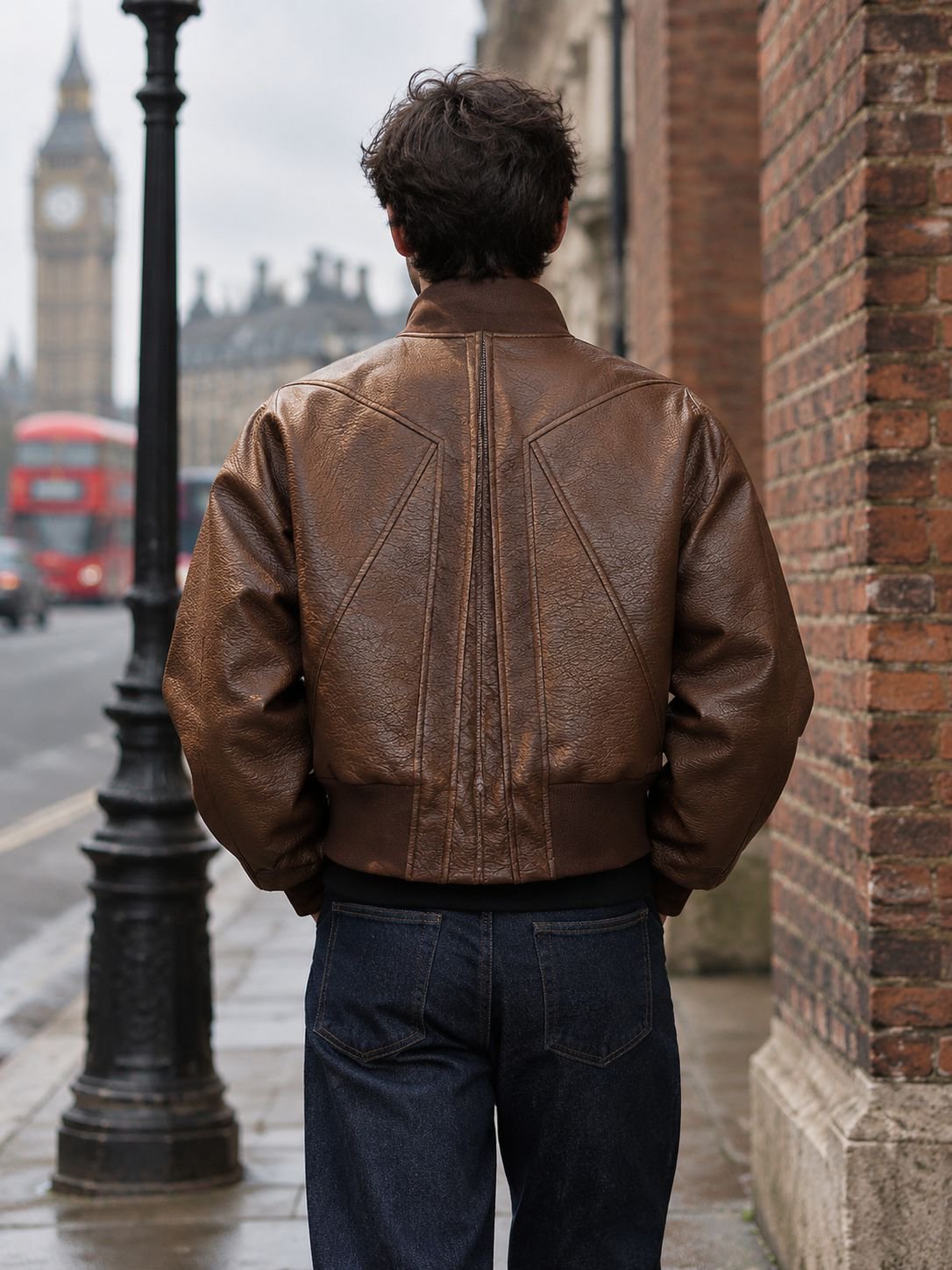 Front view of American style red lined PU leather motorcycle jacket