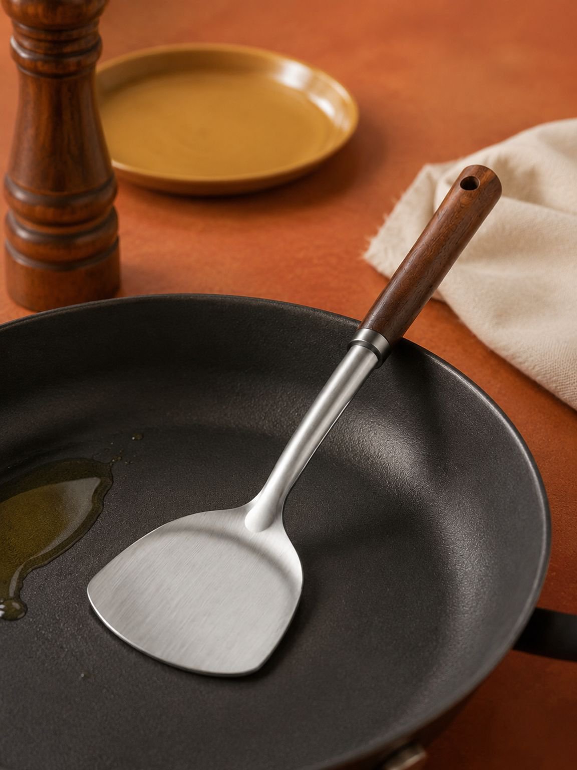 Espátula de acero inoxidable engrosada para cocinar.