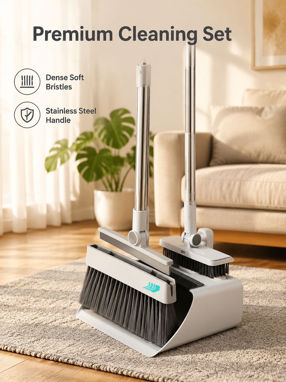 Foldaway Soft-Bristle Broom and Dustpan Set