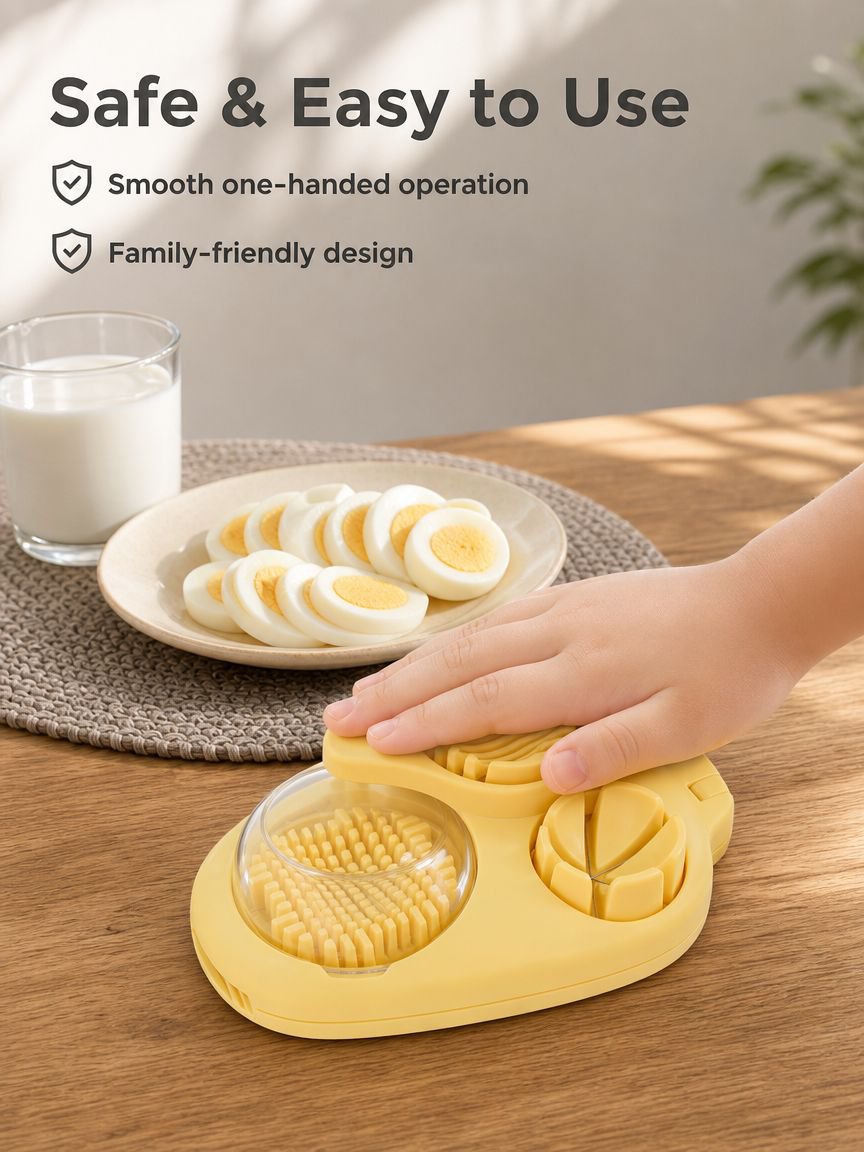 Egg slicer showing wedge, slice, and dice functions