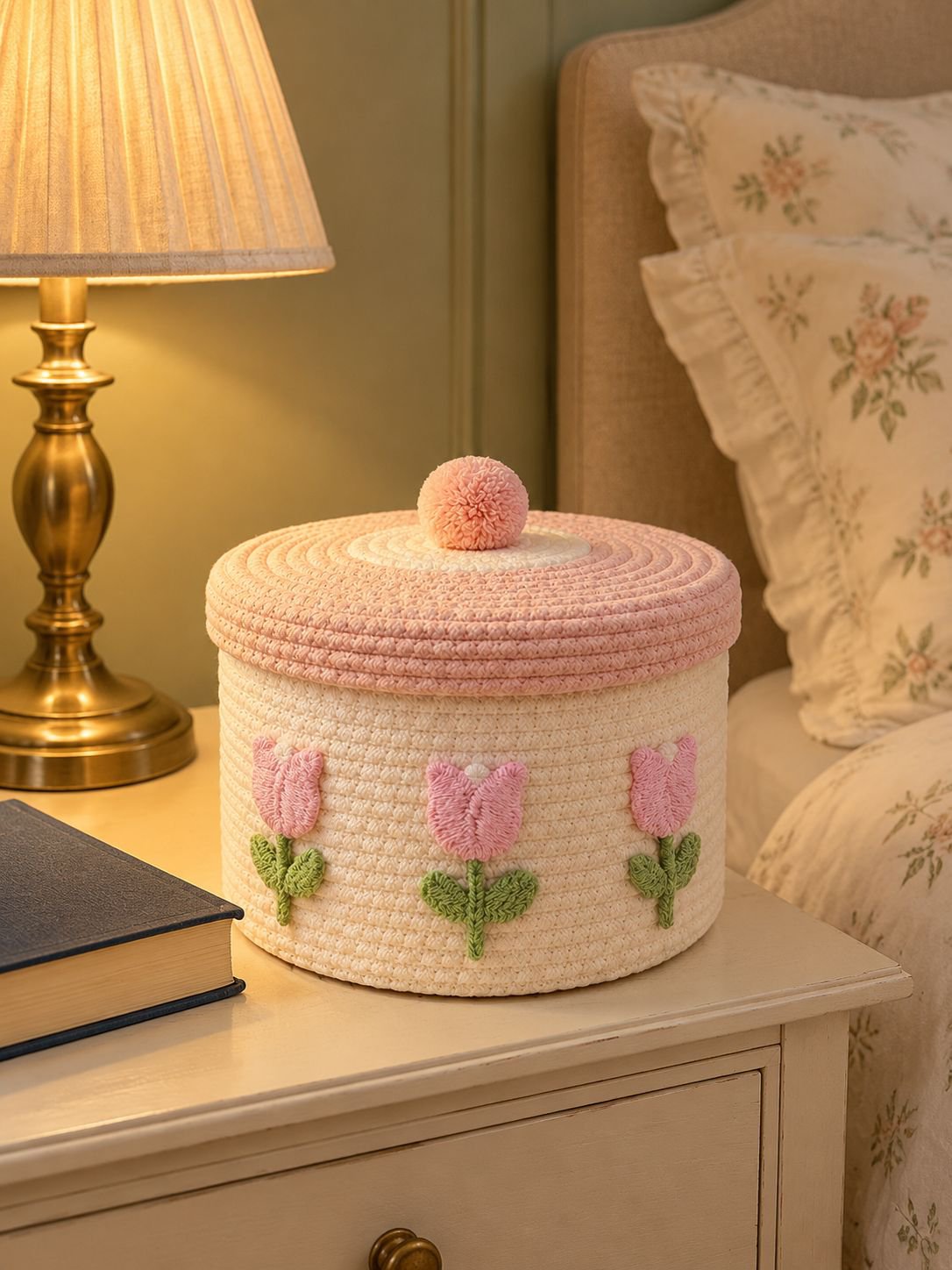 Versatile lidded storage basket keeping items neatly organized