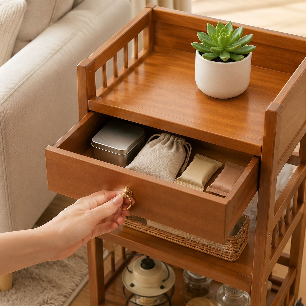 Household storage trolley beside sofa