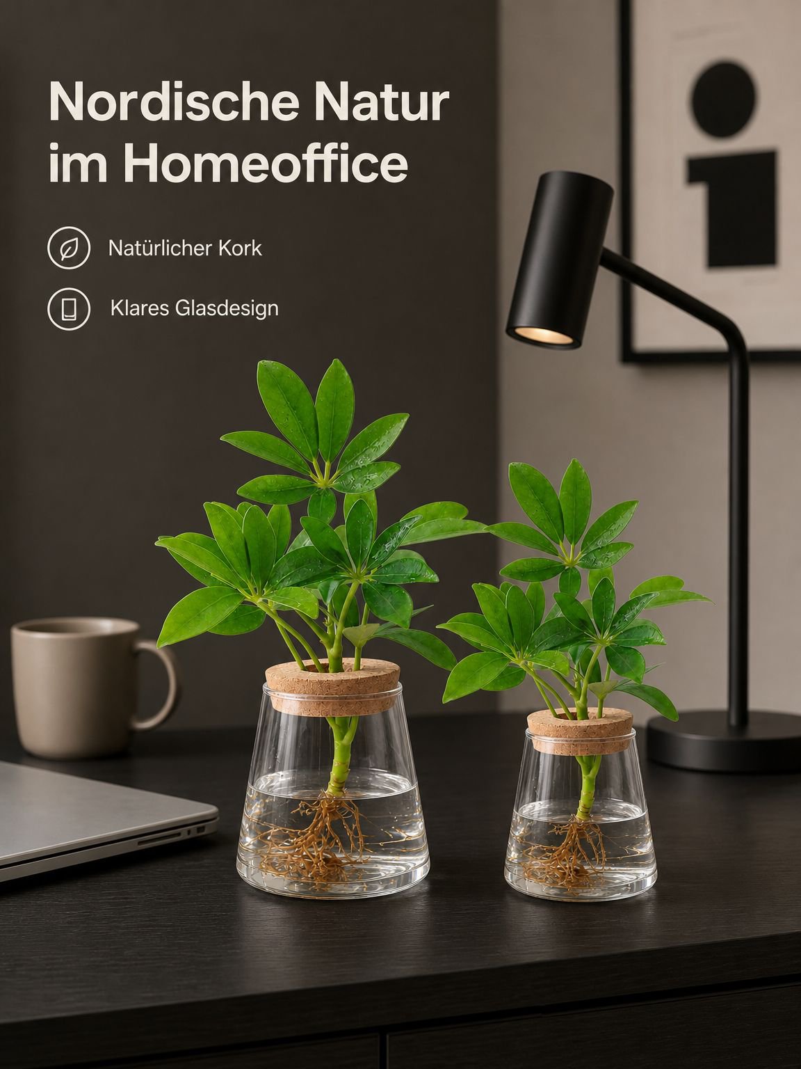 Miniatur-Landschaftsflasche mit grünen Pflanzen auf Bürotisch