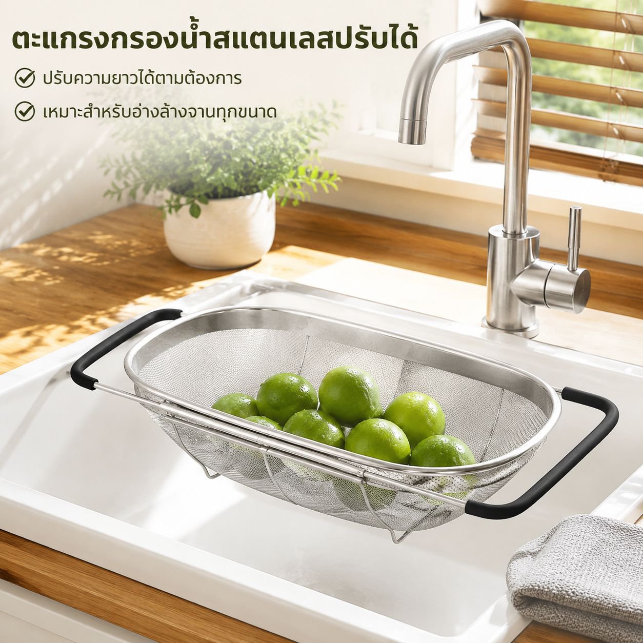 ตะกร้ากรองผักแบบยืดได้ ทำจากสแตนเลส สำหรับอ่างล้างจานในครัว