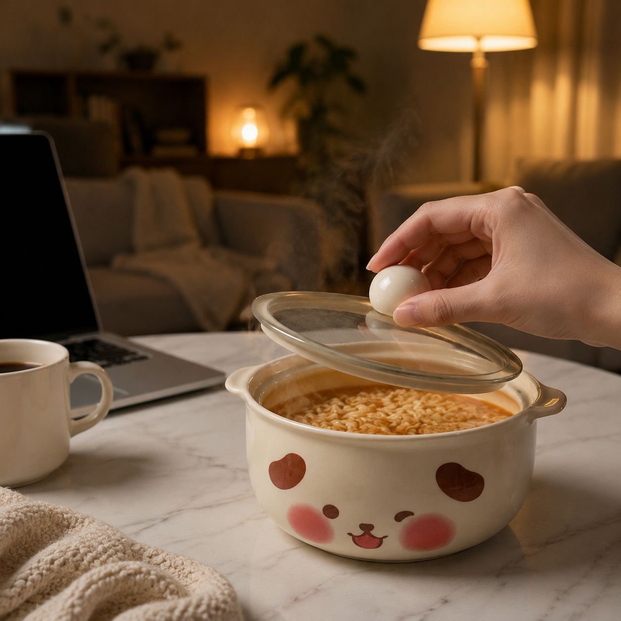 High-value cartoon ceramic instant noodle bowl with lid tableware cute high-temperature underglaze c