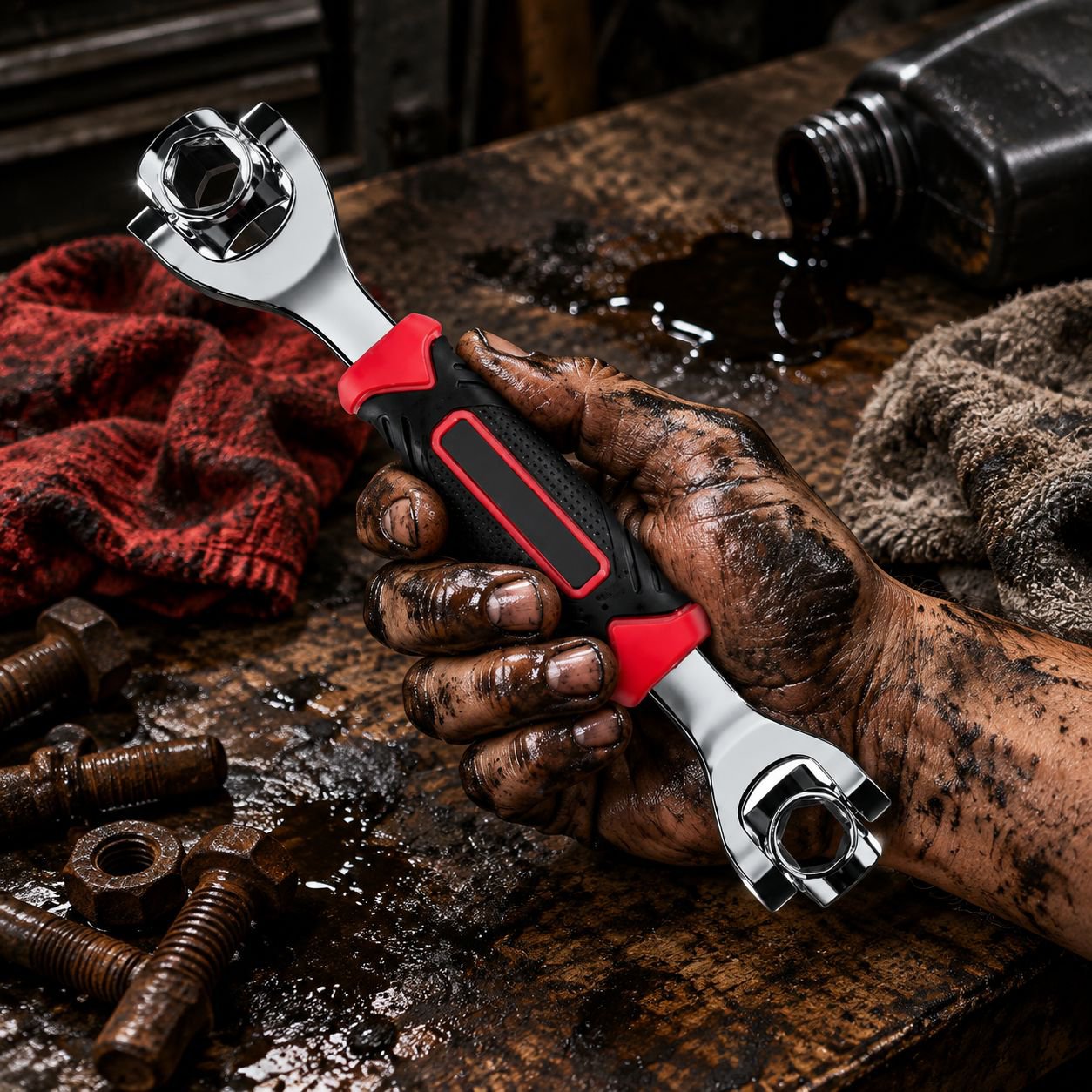 Durable steel construction wrench in hand