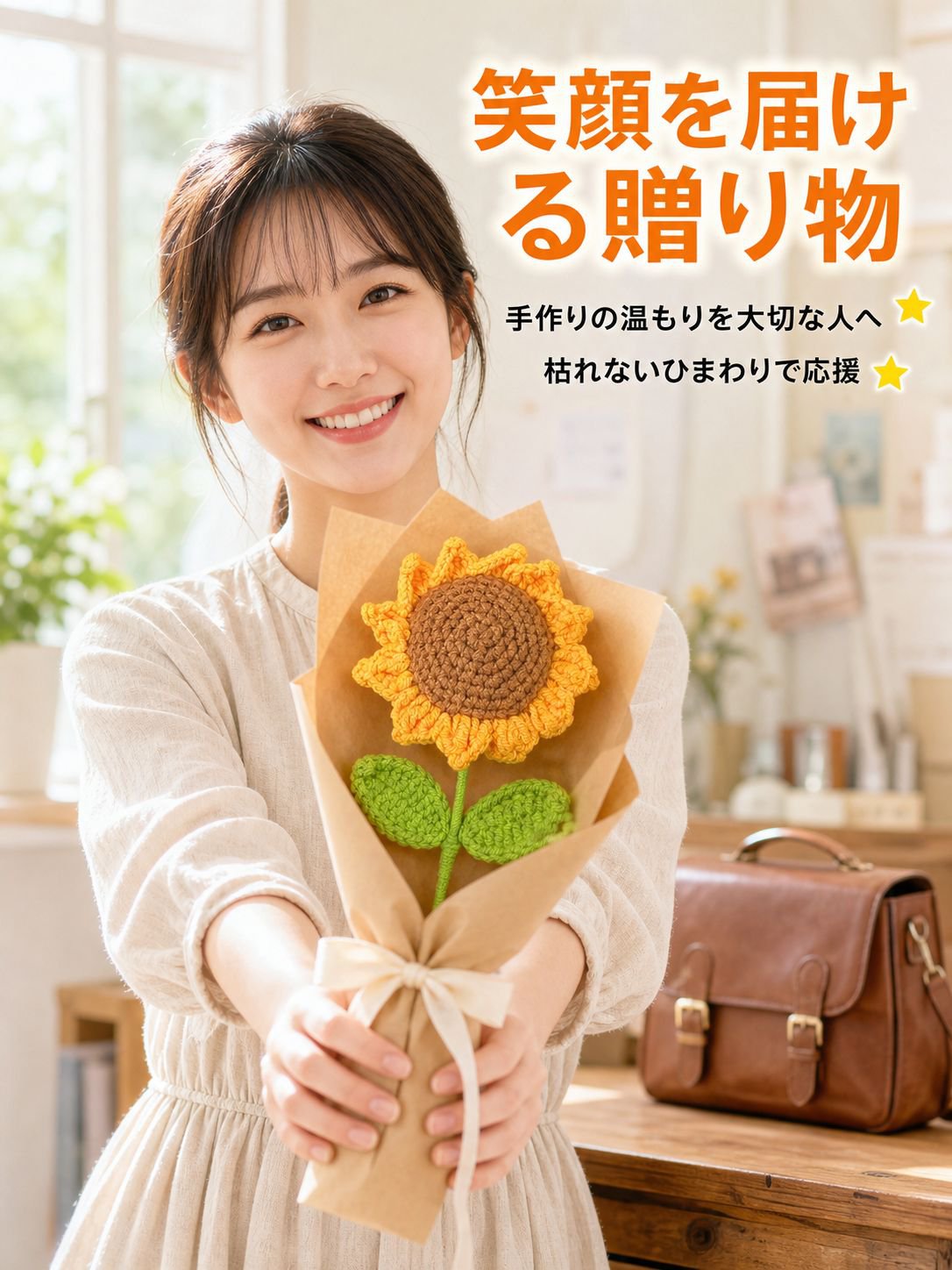 ハンドメイド編みひまわり飾り
