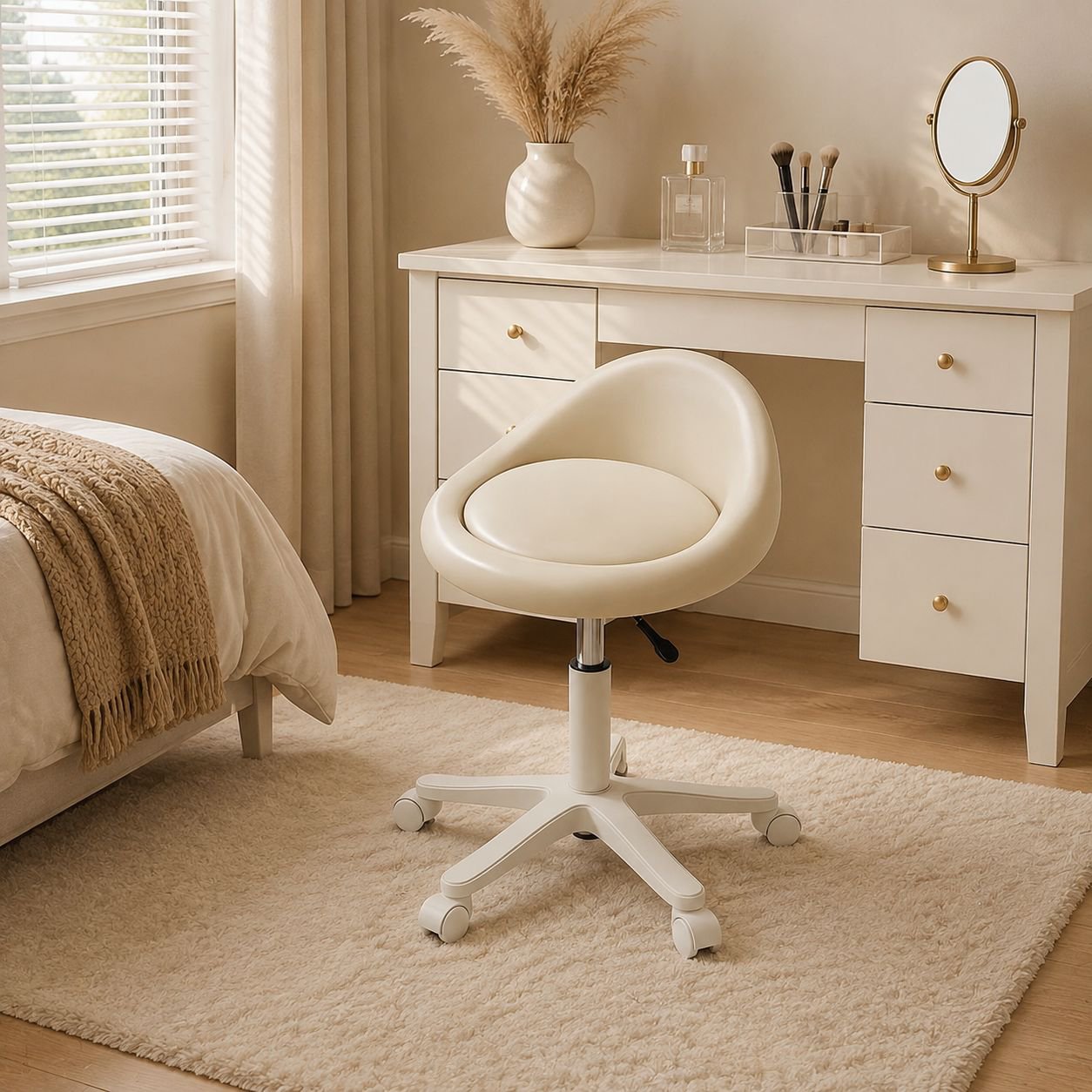 Cream-style low back makeup chair in girls’ bedroom