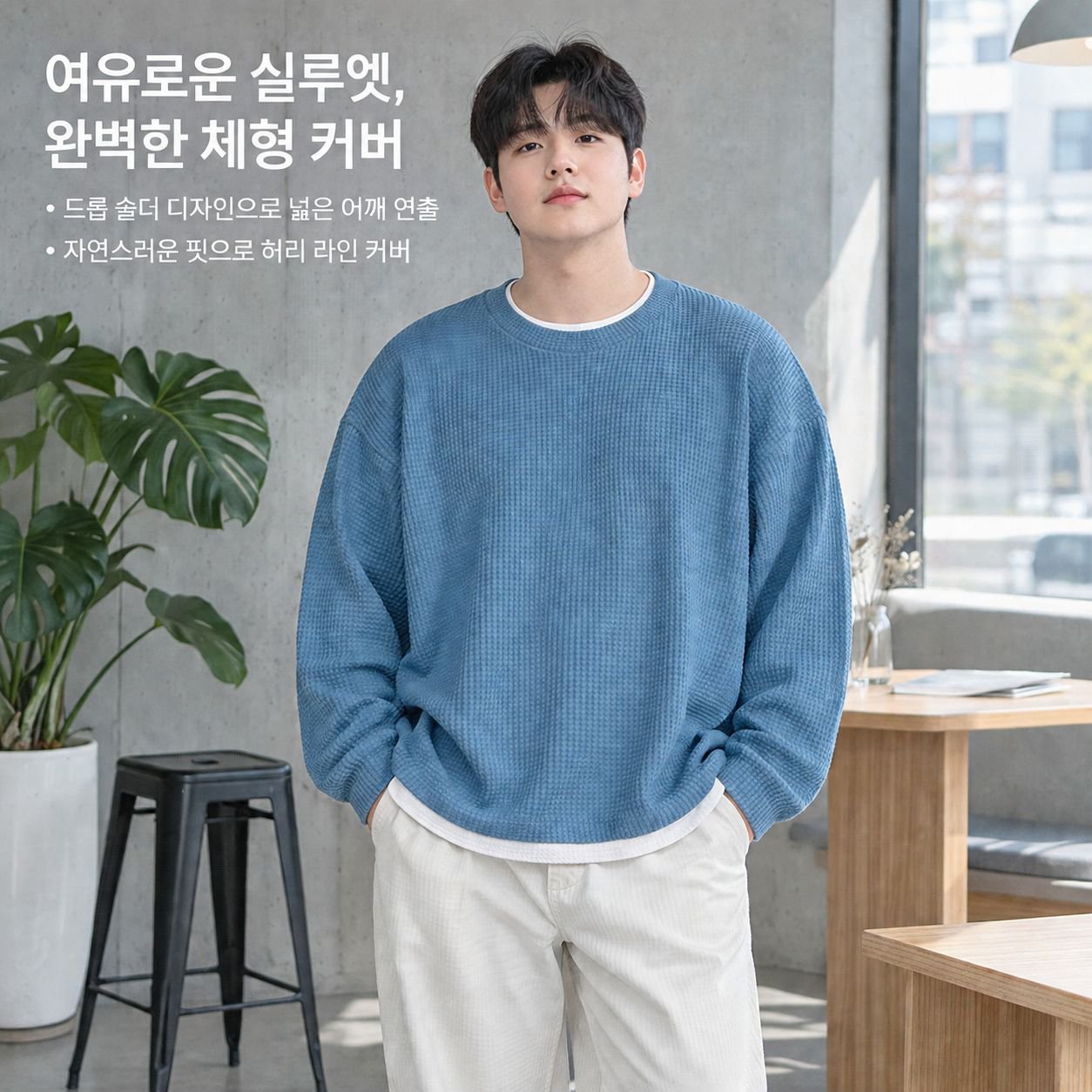남성용 와플 니트 크루넥 풀오버 스웨터