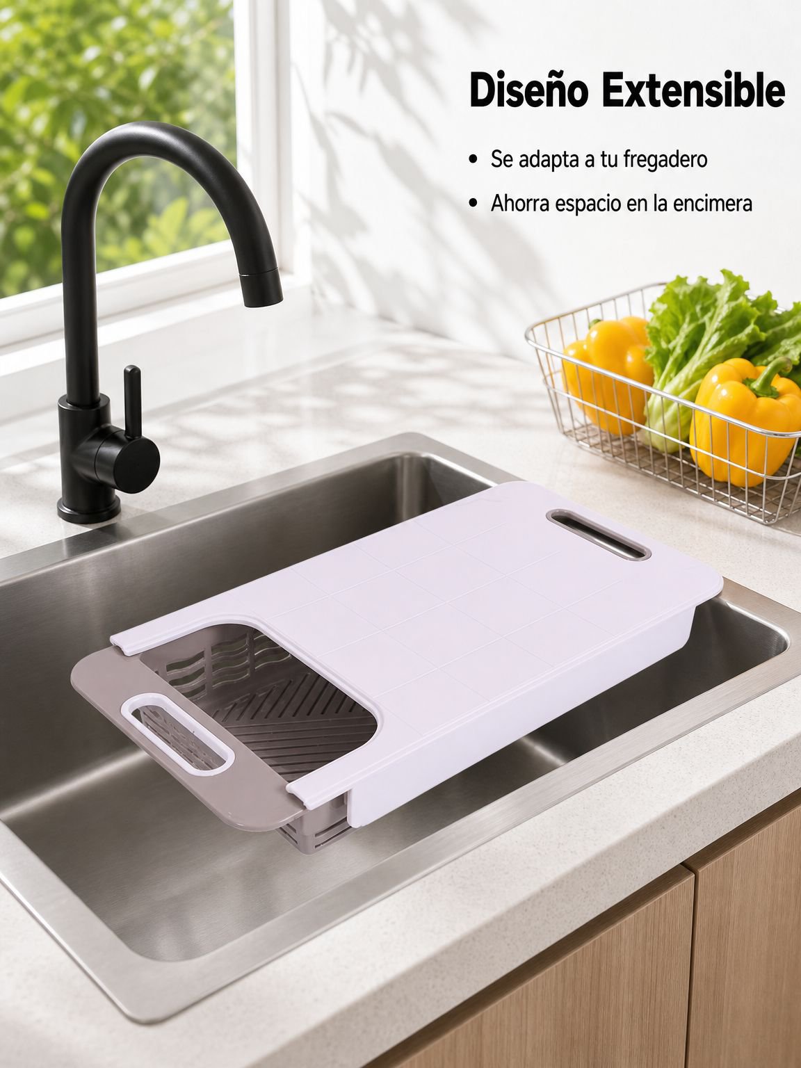 Tabla de cortar multifuncional extensible con almacenamiento de doble cajón de plástico