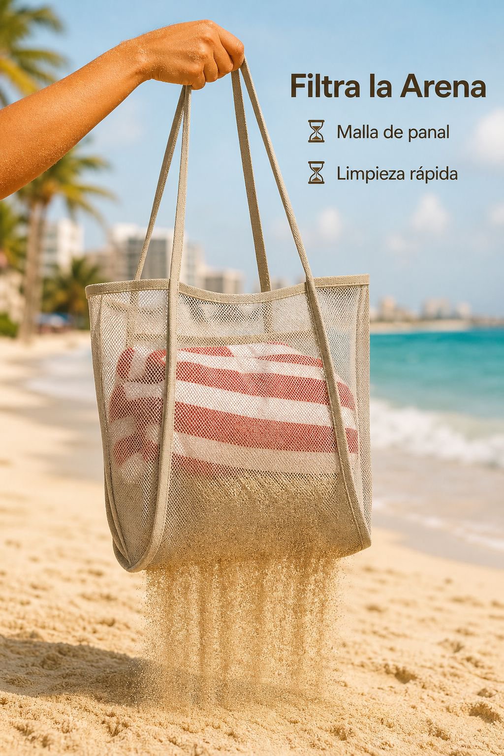 Bolsa de playa portátil de malla para llevar al hombro