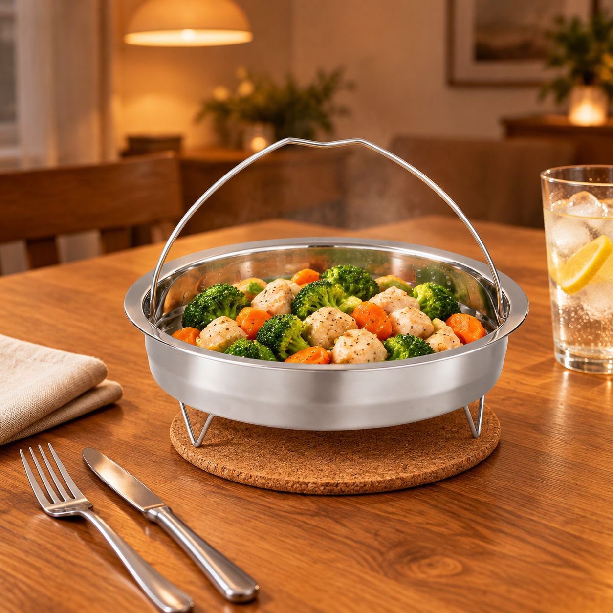Stainless steel steamer tray with food displayed