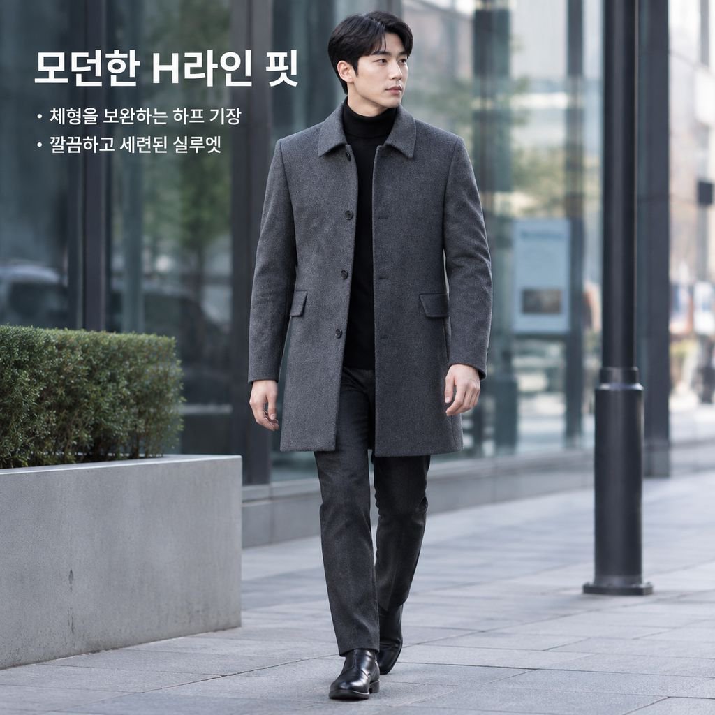 남성 봄가을 슬림 미디 롱 카라 모직 코트 트렌치 자켓