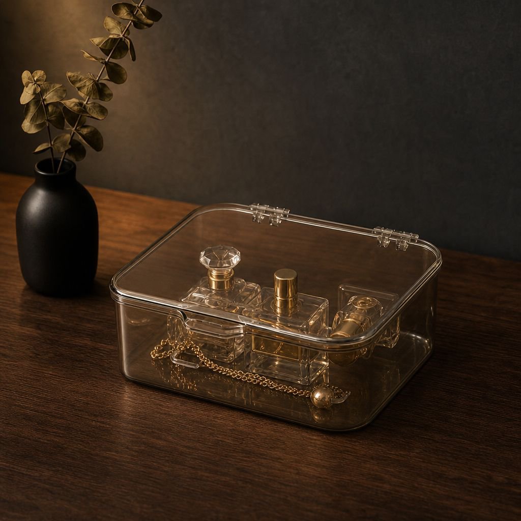 Plastic storage box holding household items