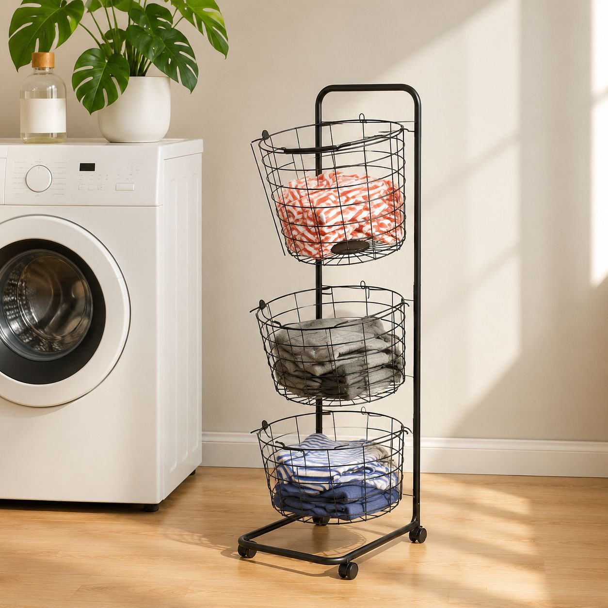 Household laundry basket Multi-layer balcony storage basket with wheels can be moved to put dirty cl