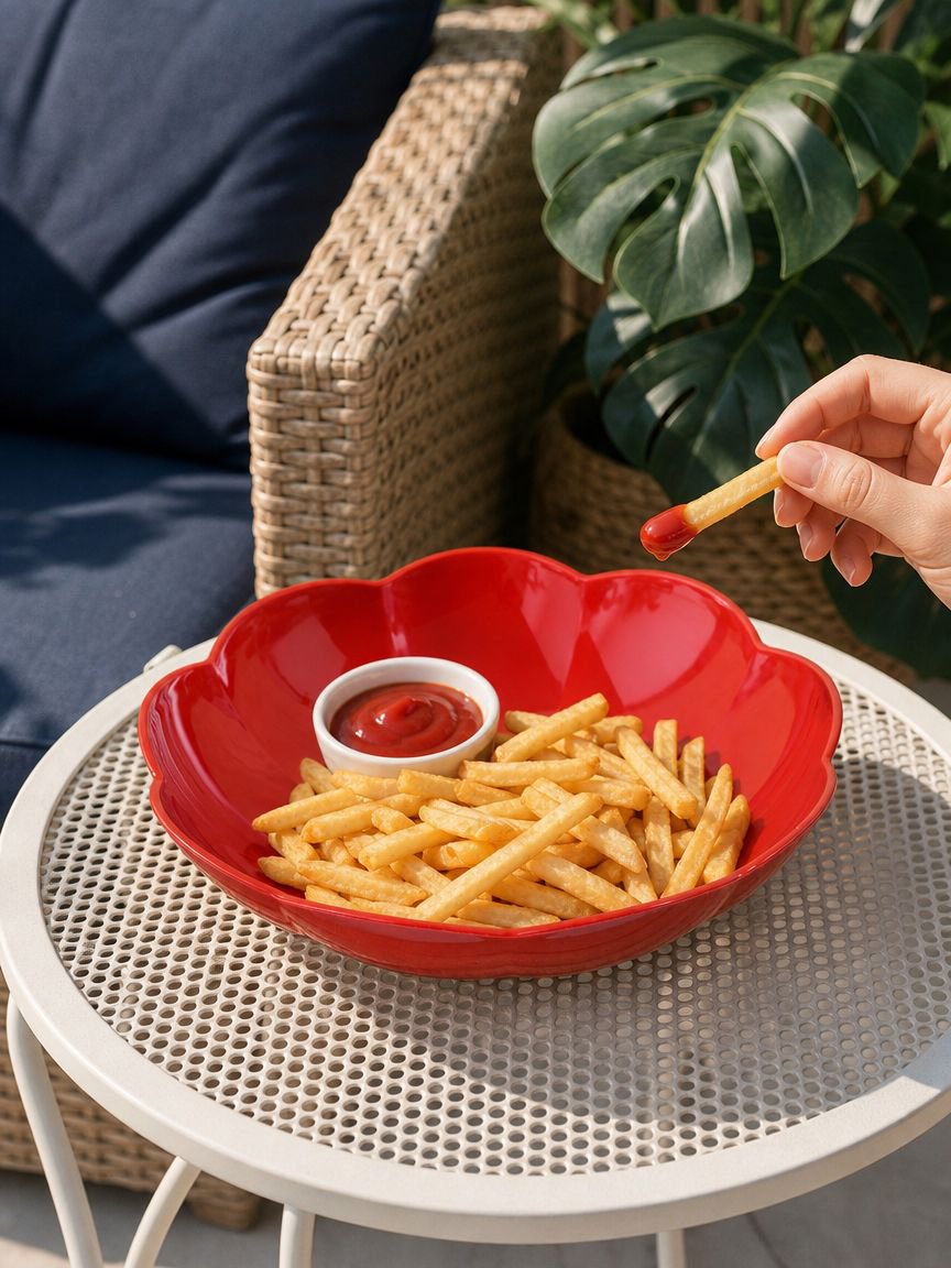 Eye-catching red tray with unique flower shape