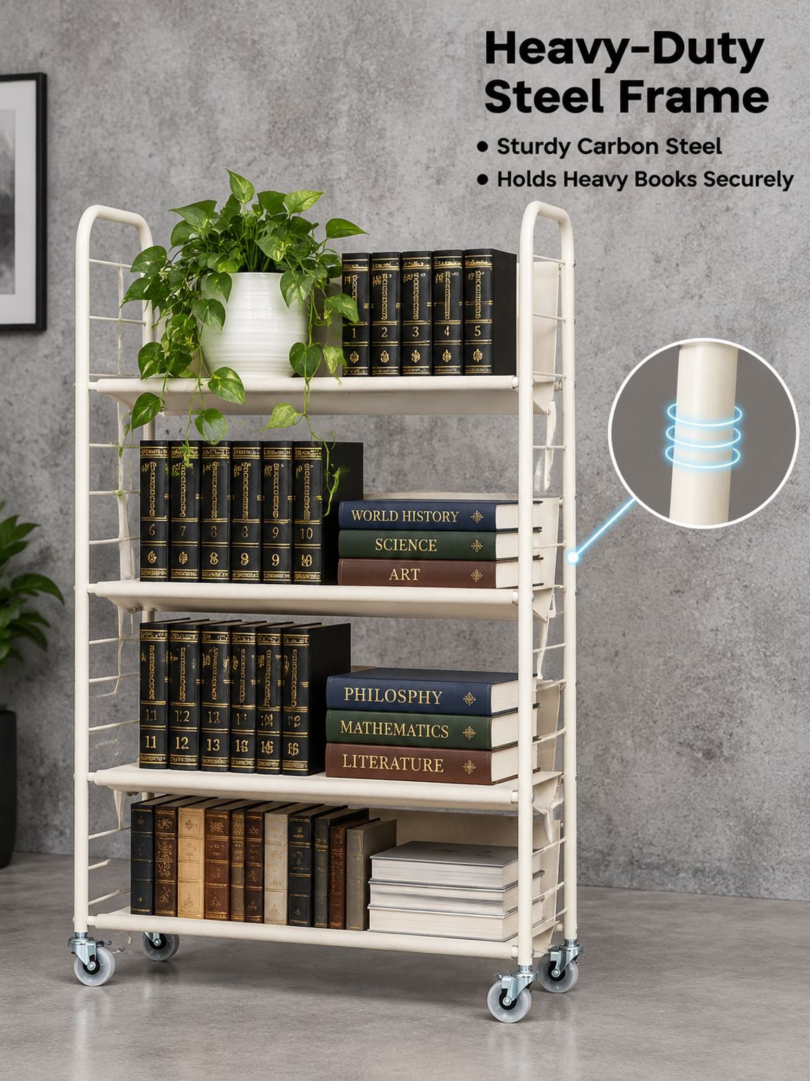 Movable multi-tiered bookshelf