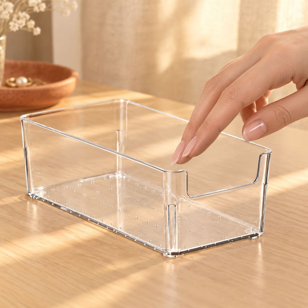 Caja transparente apilable para guardar fundas de teléfono
