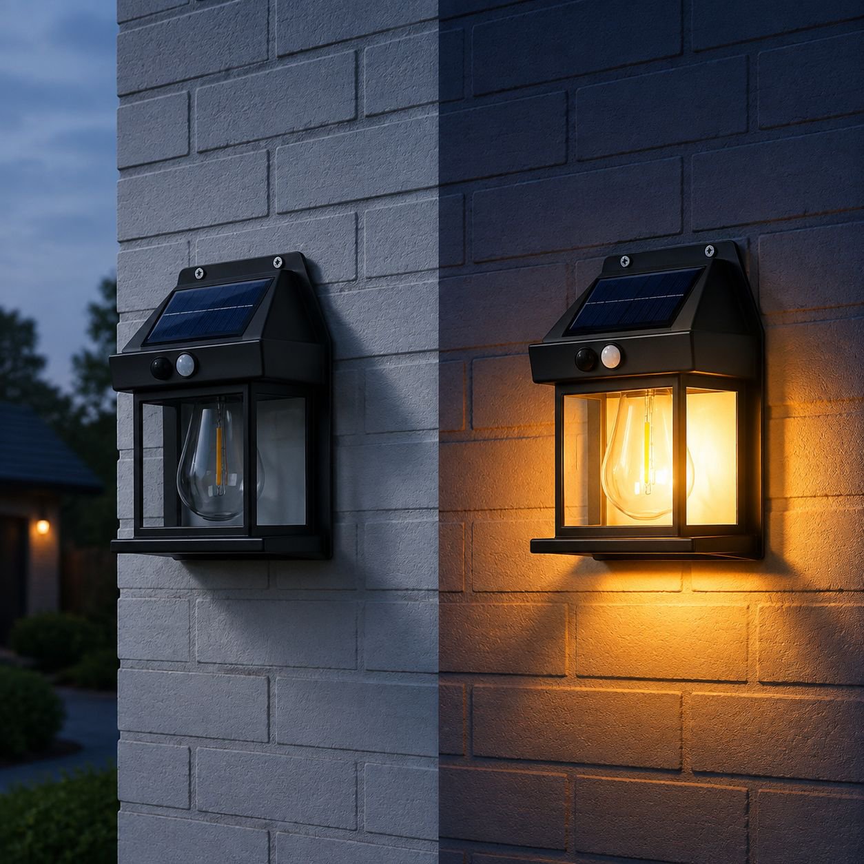 Weatherproof solar wall light illuminating garden pathway