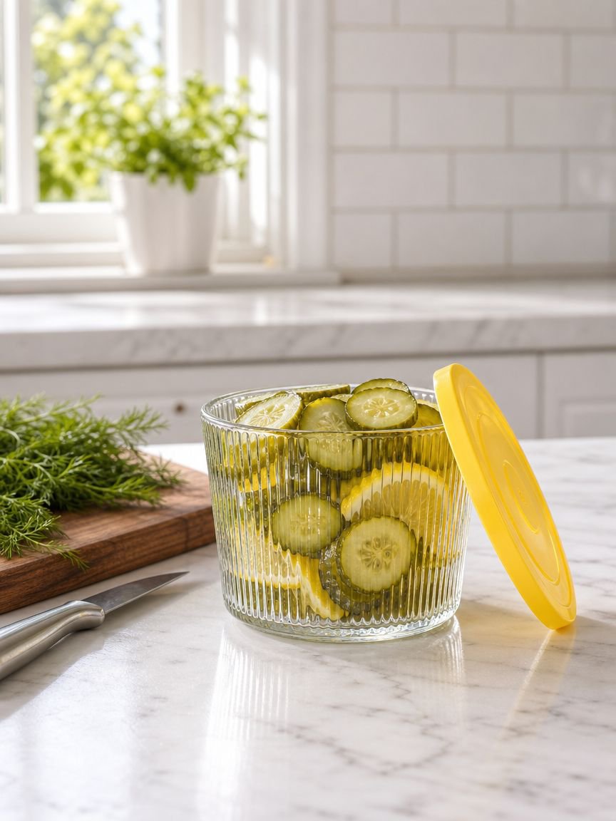 Elegant striped glass container for refrigerator use