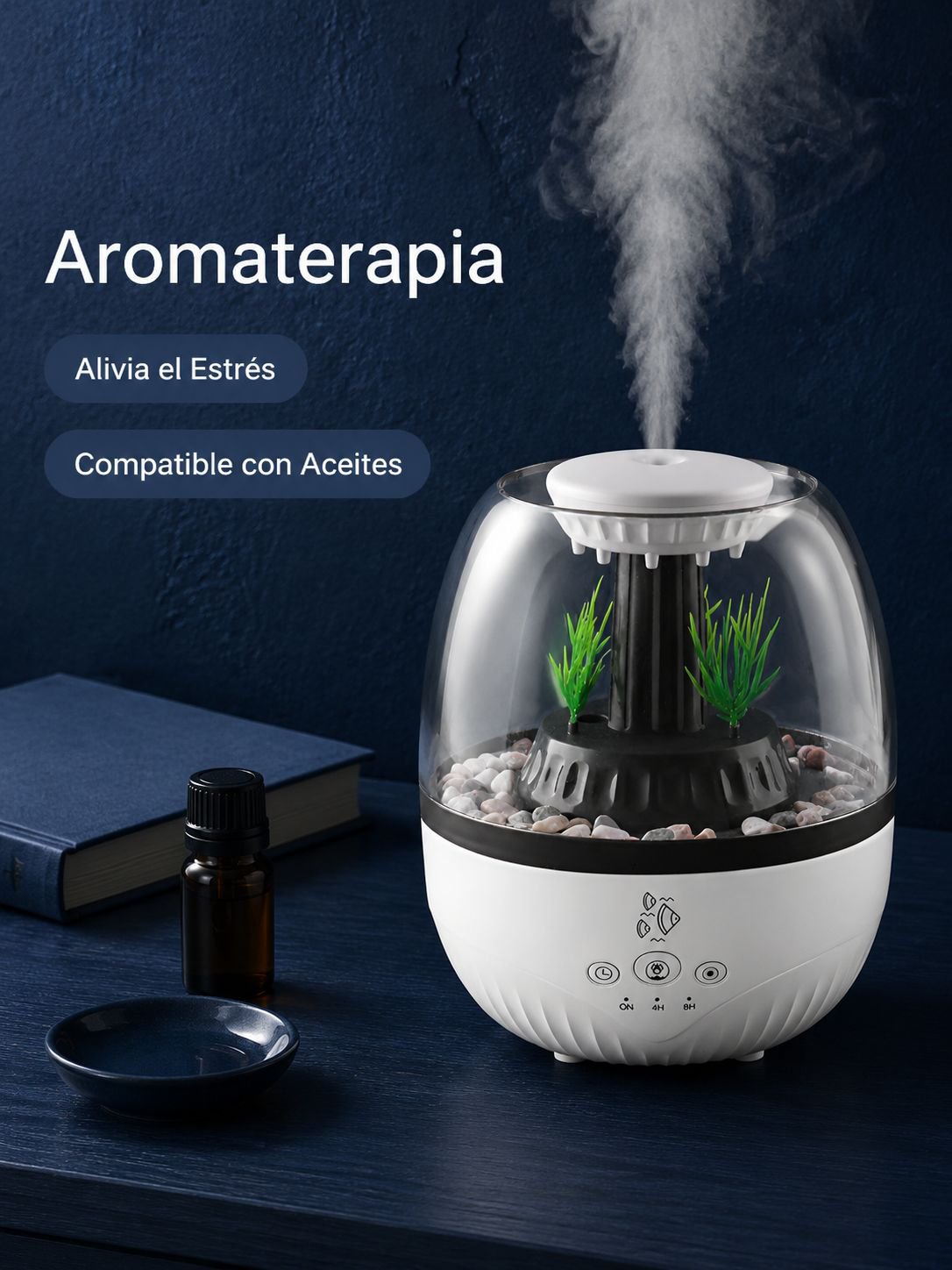 Humidificador aromático con forma de pecera, luz de siete colores, silencioso