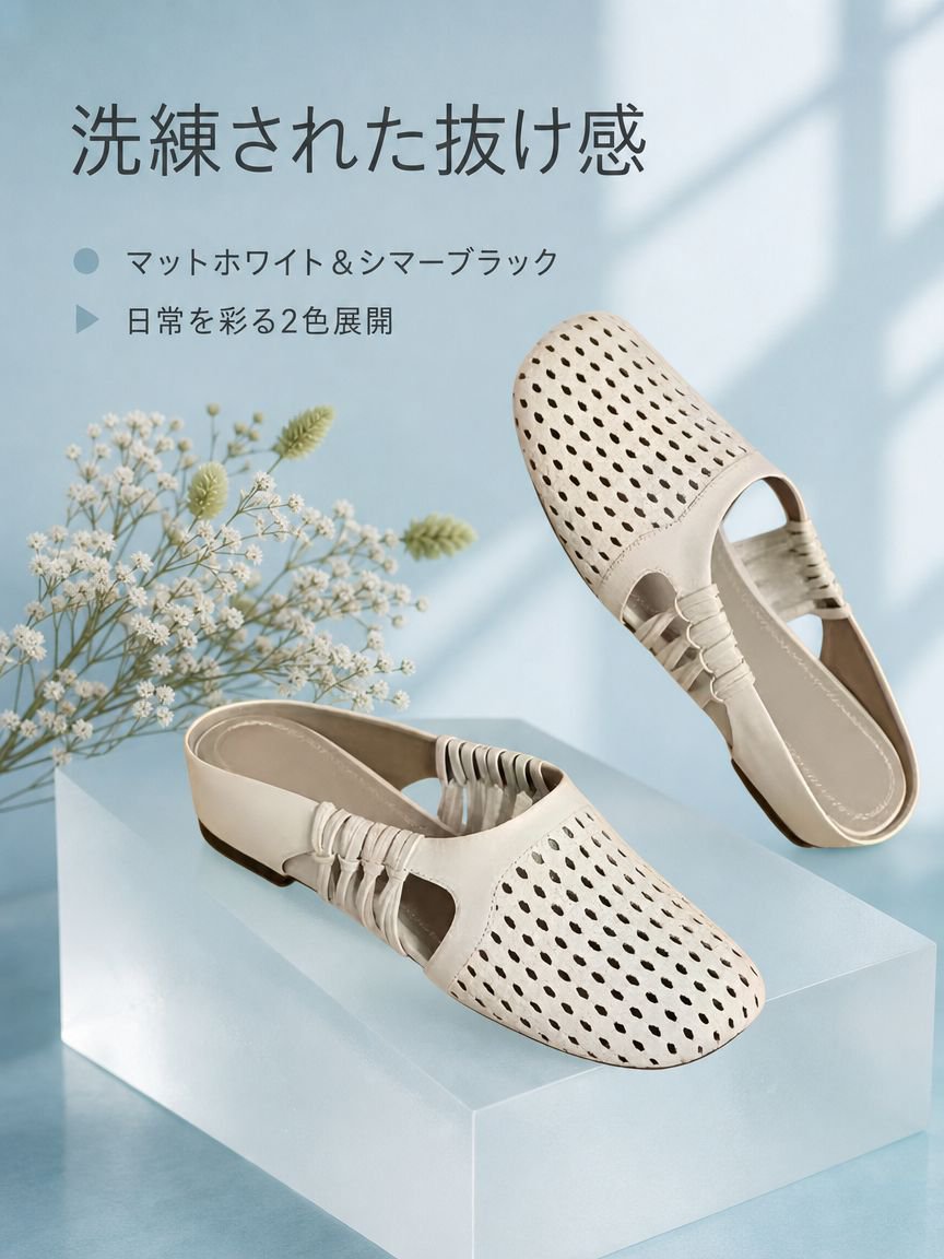 レディース編みメッシュミュールサンダル つま先カバー バックレス