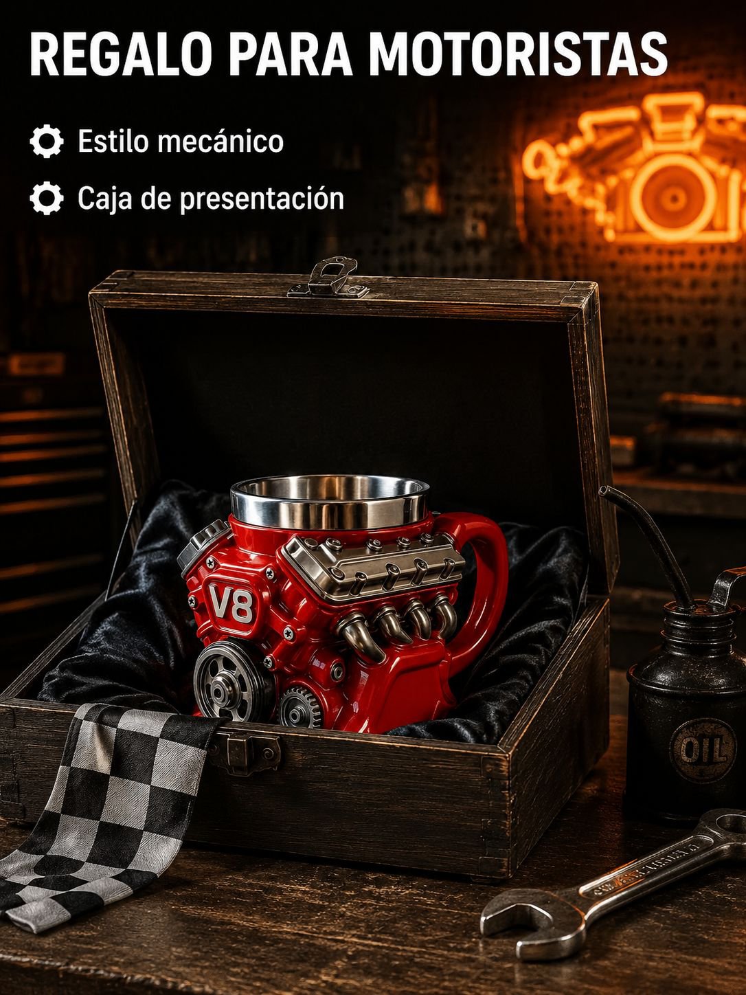 Taza decorativa con diseño de motor V8