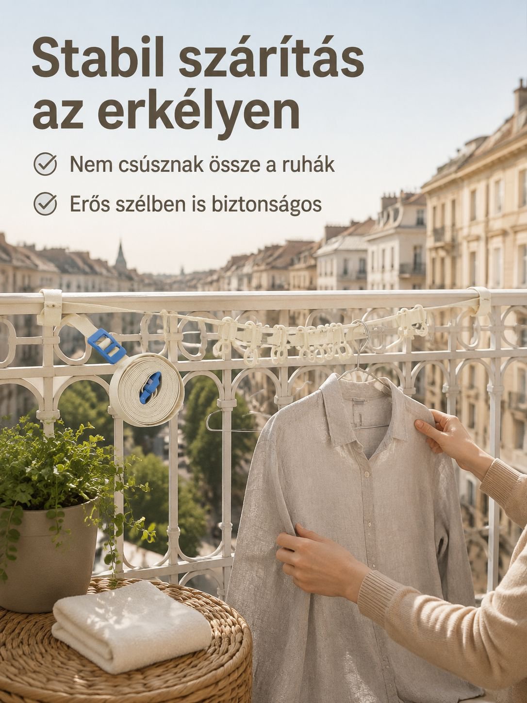 Hordozható, fúrás nélküli, állítható, szélálló szárítókötél
