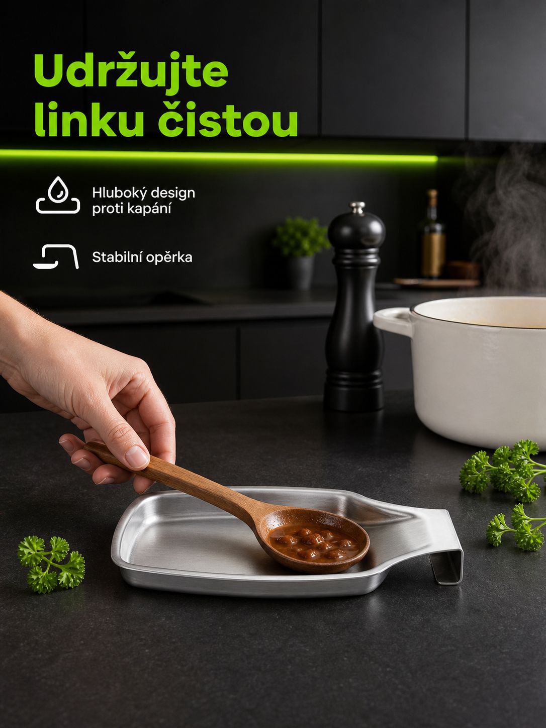 Nerezový stojan na polévkové lžíce s odkapávačem do kuchyně