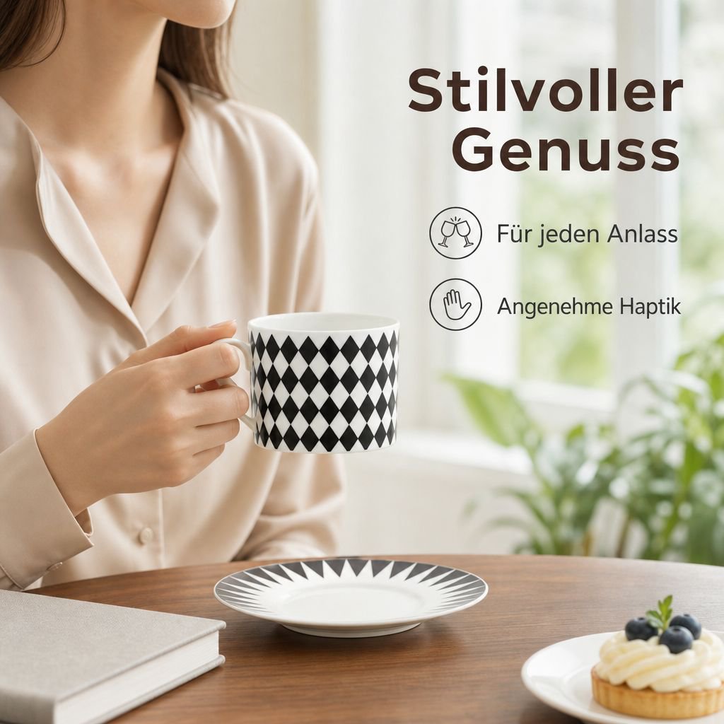 Knochenporzellan-Kaffeetassen- und Untertassen-Set mit schwarz-weiss geometrischem Design