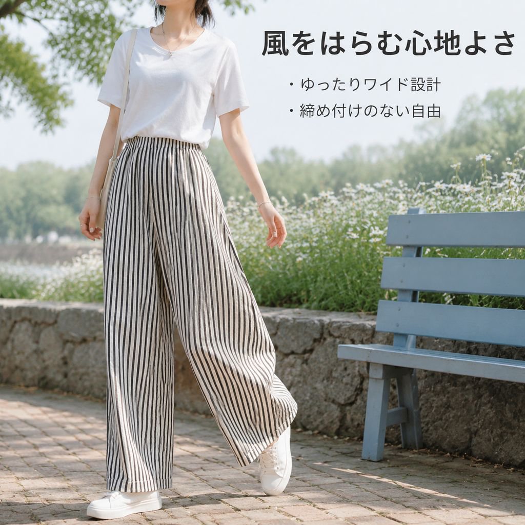 レディース ハイウエスト黒白ストライプストレートワイドパンツ