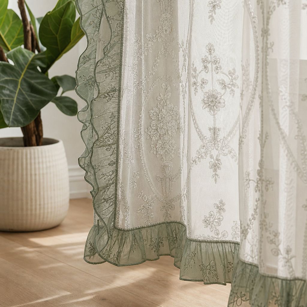 Romantische halbverdunkelnde Spitzen-Gardine mit Rüschen für Landhausstil Wohnzimmer