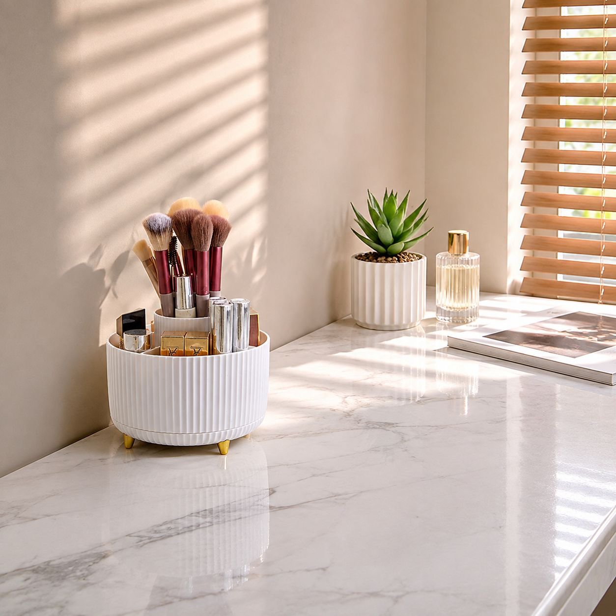 Rotating makeup brush storage box for cosmetics organization