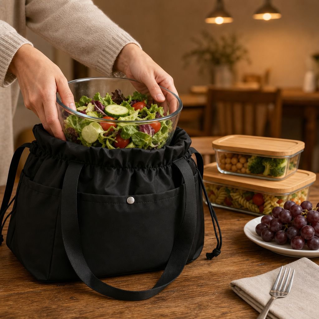Portable Drawstring Insulated Bag, Large-Capacity Lunch Tote for Work and Travel, Easy to Clean