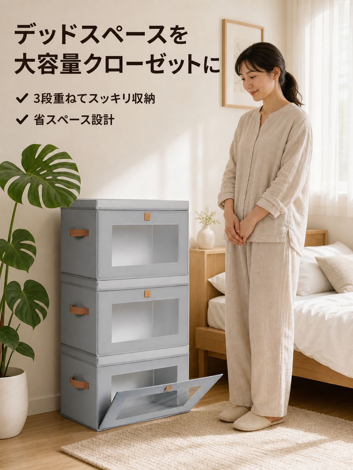 折りたたみ可能なサイドオープン蓋付き衣類収納ボックス 透明窓付き