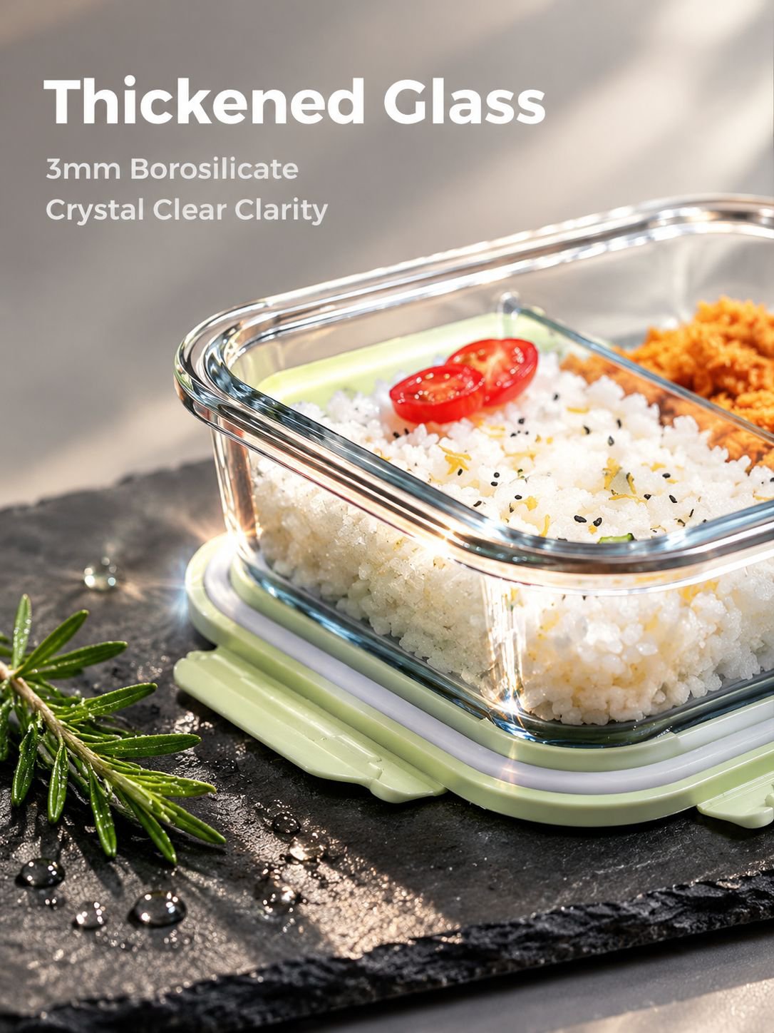 Glass bento lunch container showing separate compartments for a balanced meal