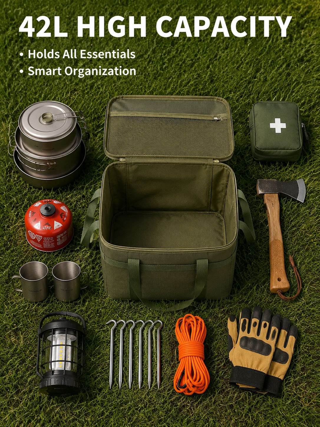 Lightweight and portable camping organizer box on the ground